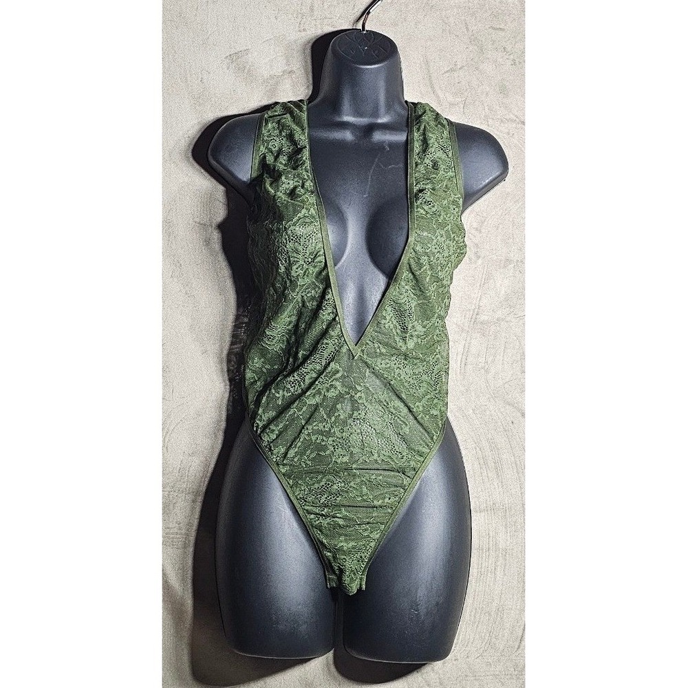 Victoria's‎ Secret Olive Green Floral Lace Deep V-Neck Bodysuit Large L/G